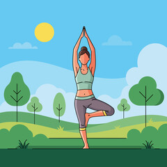 Peaceful Woman Performing Tree Pose Yoga in a Serene Outdoor Park Setting Under a Bright Sun