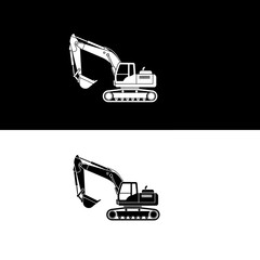 Dynamic black and white vector illustration of an excavator, symbolizing robust heavy construction machinery and industrial power, ideal for engineering company logos or modern digital icons