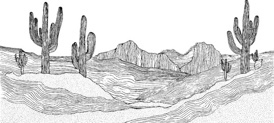 Minimalist black and white desert landscape with cacti line art for wall decor
