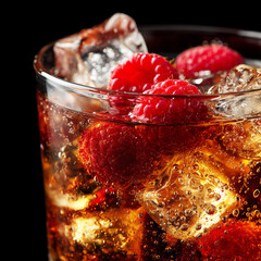 Cocktail drink with raspberries and ice