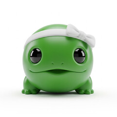 Cute green kawaii frog character with a white bow headband, 3D rendering of an adorable amphibian toy on a clean white background