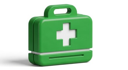 A green first aid kit with a white cross on the front isolated on a white background in a studio shot