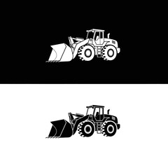 Heavy-duty construction vehicle with a front loader in a stark black and white graphic illustration