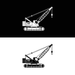 A stylized black and white vector illustration of a heavy-duty crawler crane, shown as a silhouette and line art icon for construction and industrial design projects