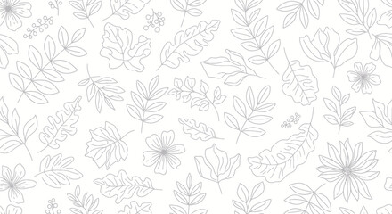 Delicate Outlined Floral and Leaf Pattern on White Background.