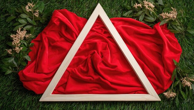 A light-colored wooden triangular frame draped with vibrant red fabric, set on a grassy surface, with small blossoms and greenery surrounding it