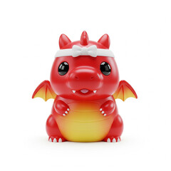 Adorable red dragon toy with a white bow headband, isolated on white. A cheerful mythical creature, perfect for playful fantasy themes and children's content