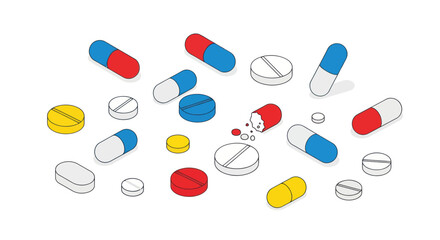 Assorted Colorful Pills and Capsules Illustration Pharmaceutical Medication Healthcare Treatment.