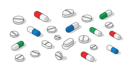 Assorted Colorful Pills and Capsules Medical Illustration.