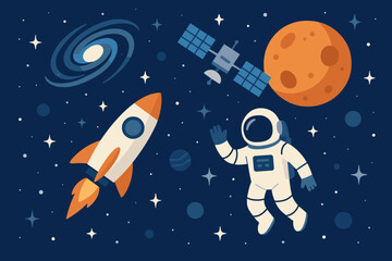 Flat Space Exploration Vector – Rocket, Astronaut, Planets, and Satellite Illustration