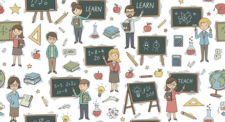 Diverse Students and Teachers Engaging in Educational Activities with Chalkboards and School Supplies.