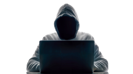 Masked hacker faces computer login form, isolated  on white background