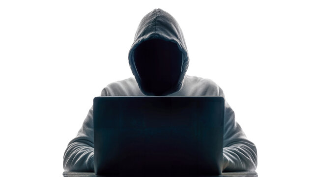 Masked hacker faces computer login form, isolated  on white background