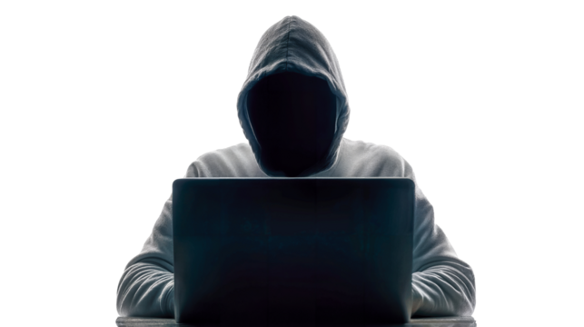 Masked hacker faces computer login form, isolated  on white background