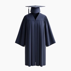 Graduation gown and cap in navy blue on a white background for academic achievement