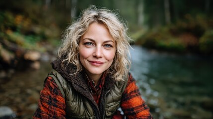 A captivating portrait of a smiling woman near a serene river, showcasing natural beauty and the harmony of being in touch with nature and oneself.