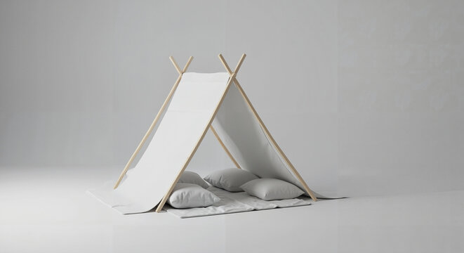 Minimalist indoor tent with pillows on white floor background  