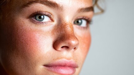 A stunning close-up of a young woman showcasing her natural beauty with freckles, bright eyes, and a soft expression against a simple background.