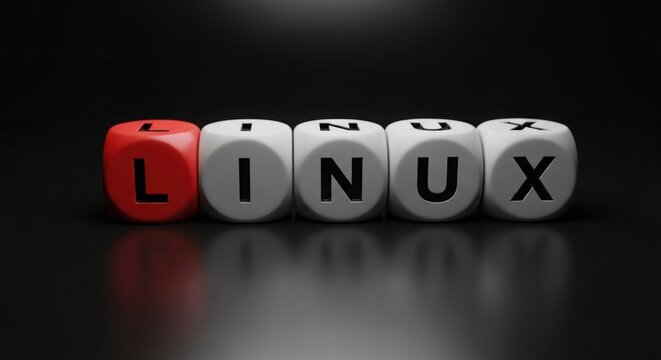 A close up of dice spelling out linux with a red die for the letter l on a black background