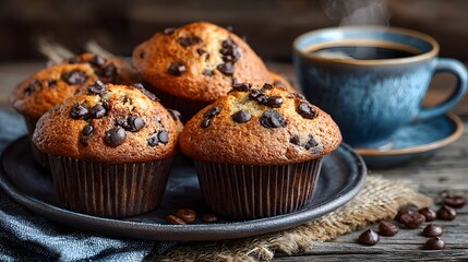 Plate of warm, freshly-baked chocolate chip muffins sits on a rustic wooden table next to a steaming cup of coffee, creating a cozy cafe atmosphere.