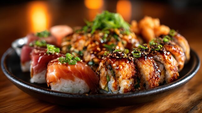 An artistic arrangement of sushi rolls and sashimi, showcasing vibrant colors and fresh ingredients, representing culinary excellence and Japanese cuisine culture.