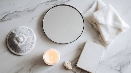 Fototapeta premium Overhead shot of a round mirror candle towel book and decorative bowl on a marble surface top view