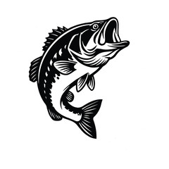 A bold, black and white graphic illustration of a bass fish leaping in the fish vector art design