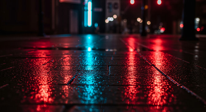 Nighttime urban street with wet pavement reflecting colorful lights  