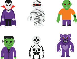 Flat Cartoon Halloween Monsters Vector Set with Vampire, Mummy, Zombie, Frankenstein, Skeleton, and Werewolf Characters for Spooky Designs