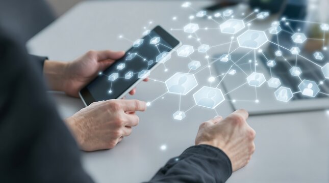 Exploring digital network connections on mobile device for business technology and communication strategy - Powered by Adobe