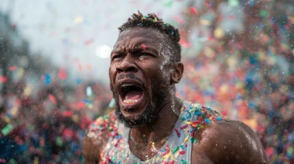 Thrilling moment captured of a man celebrating amidst a shower of colorful confetti, embodying joy, triumph, and the exhilaration of victory during special events.