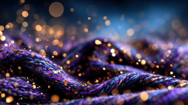 The image showcases a close-up of textured purple yarn intertwined with sparkling bokeh lights, creating an enchanting atmosphere of creativity and inspiration.