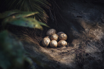 Obraz premium A close-up photograph of speckled eggs nestled in a natural ground nest, surrounded by soft feathers and foliage, capturing intimate textures, warm light, earthy tones and quiet mood.