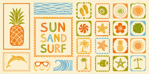 Collection of colorful retro style postage stamps featuring summer beach vacation themes and the words sun sand surf