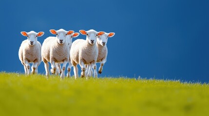 Four Playful Sheep Grazing on a Green Hill Under Blue Sky