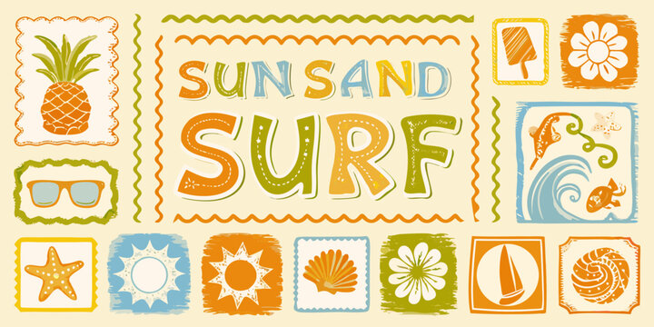 Fun summer vacation theme with sun sand surf text and beach icons