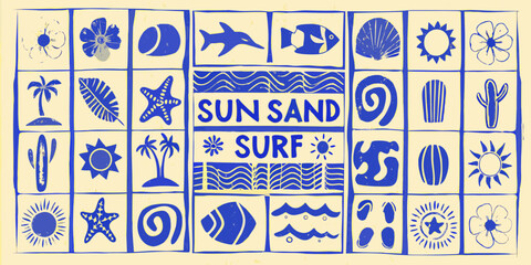Retro summer beach vibes with sun sand surf text and tropical icons in blue and yellow