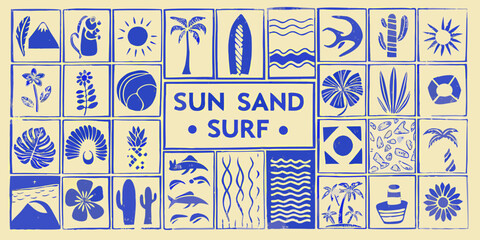 Vibrant blue summer collage featuring sun sand surf text and tropical beach icons