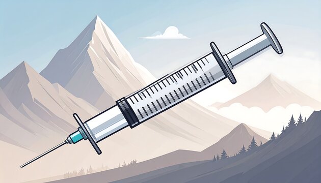 Medical syringe against a backdrop of mountains
