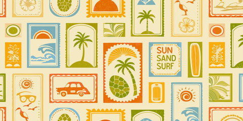 Retro tropical stamp collection featuring palm trees sun surf and beach elements © Ankan