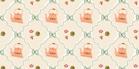 Autumn Seamless Pattern with Teapots, Acorns, Fall Leaves and Floral Elements for Fabric, Wallpaper, and Decor. Beige Whimsical Autumn Element Seamless Pattern Decorated Bows and Ribbon