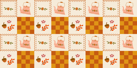 Vintage Autumn Seamless Pattern with Teapots, Acorns, Fall Leaves and Checkerboard Design for Fabric, Wallpaper, and Decor