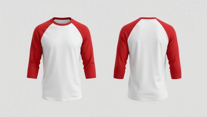 Set of raglan t shirt in front and back view isolated on background. Raglan 34 sleeve red and white ready for mockup or presentation your design