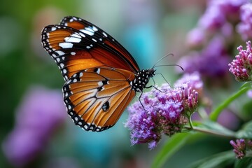 Fototapeta premium Monarch butterfly on purple flowers in garden