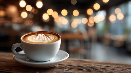 Obraz premium Single white coffee cup with latte art on a wooden table. The warm, glowing bokeh lights of a bustling, fashionable cafe are softly blurred behind it.