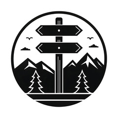 Circular emblem of mountain landscape with signpost and trees