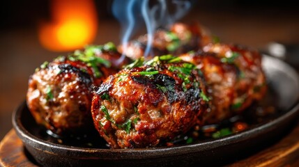 An enticing image of juicy meatballs garnished with fresh herbs, sizzling on a skillet, capturing the essence of comfort food and culinary delight perfect for gastronomic presentations.