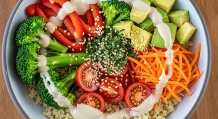 Vibrant Quinoa Buddha Bowl Bursting with Fresh Vegetables and Creamy Tahini Dressing