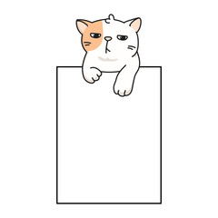 Cute cartoon cat peeking out from a blank sign. Adorable kitten illustration perfect for stickers, greeting cards, planners, and scrapbooking. Vector style, isolated on white background