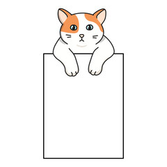 Cute cartoon cat peeking out from a blank sign. Adorable kitten illustration perfect for stickers, greeting cards, planners, and scrapbooking. Vector style, isolated on white background